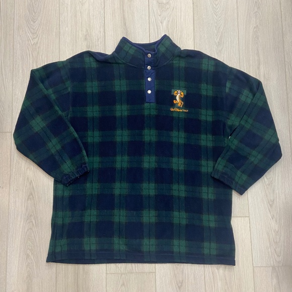 Walt Disney Vintage 90s Green Plaid Checkered Tigger Button Snap Fleece Size XL - Picture 1 of 12